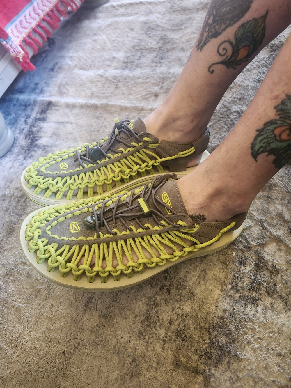 KEEN UNEEK Two-Tone Woven Sandals in Olive and Neon Yellow